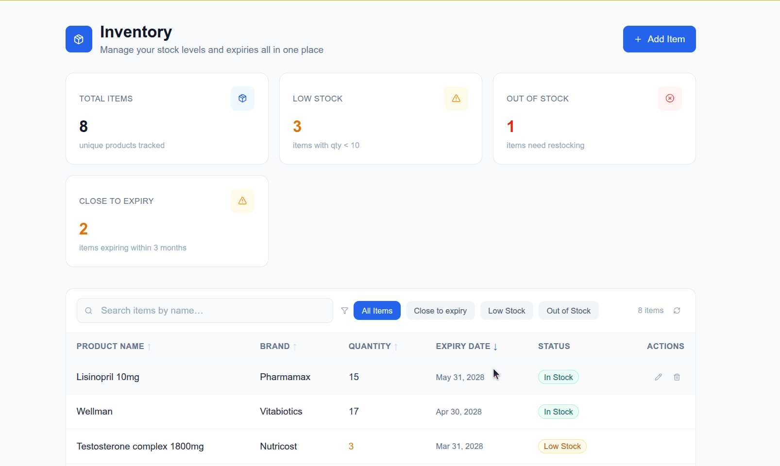 Inventory Tracker application interface